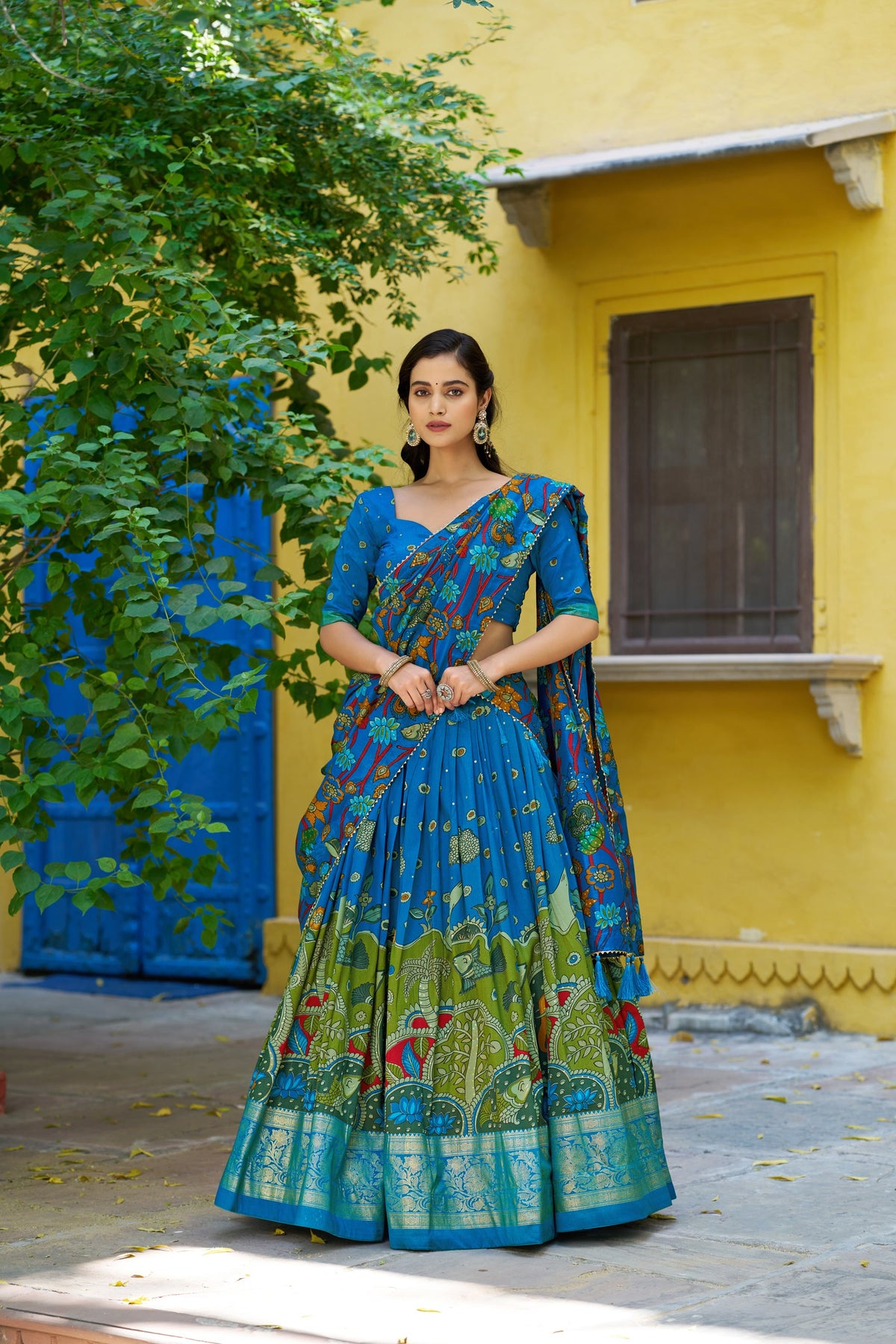 Multicolor Tussar Silk Kalamkari Lehenga Choli with Foil Border