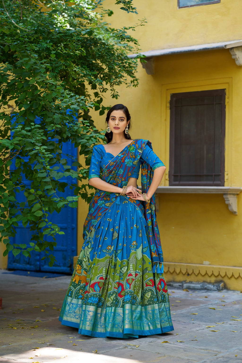Multicolor Tussar Silk Kalamkari Lehenga Choli with Foil Border