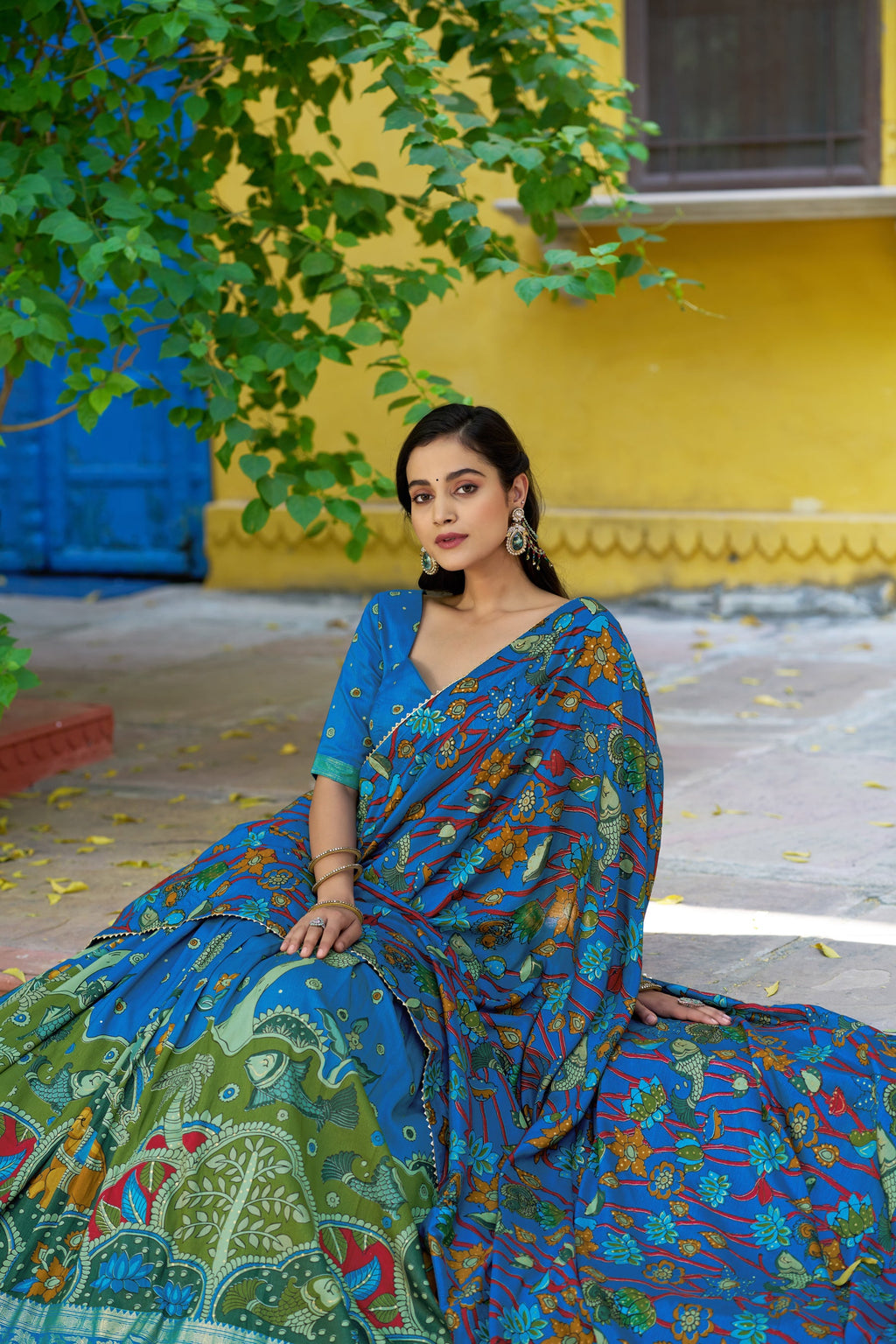 Multicolor Tussar Silk Kalamkari Lehenga Choli with Foil Border