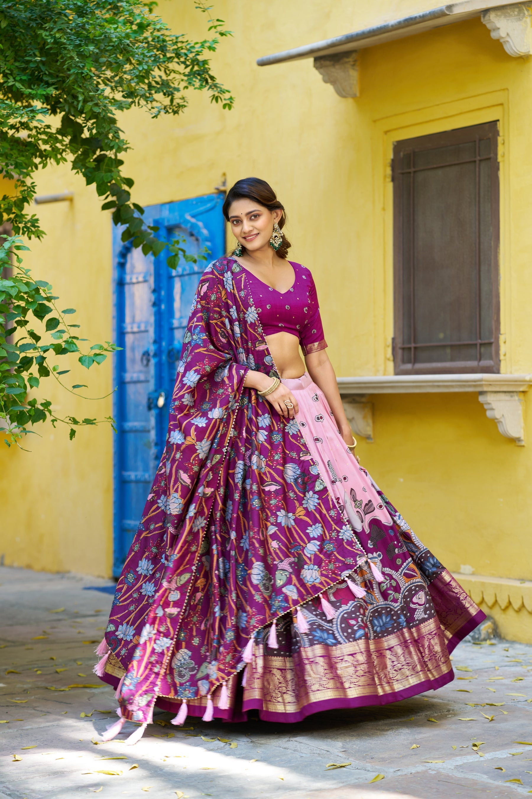 Multicolor Tussar Silk Kalamkari Lehenga Choli with Foil Border