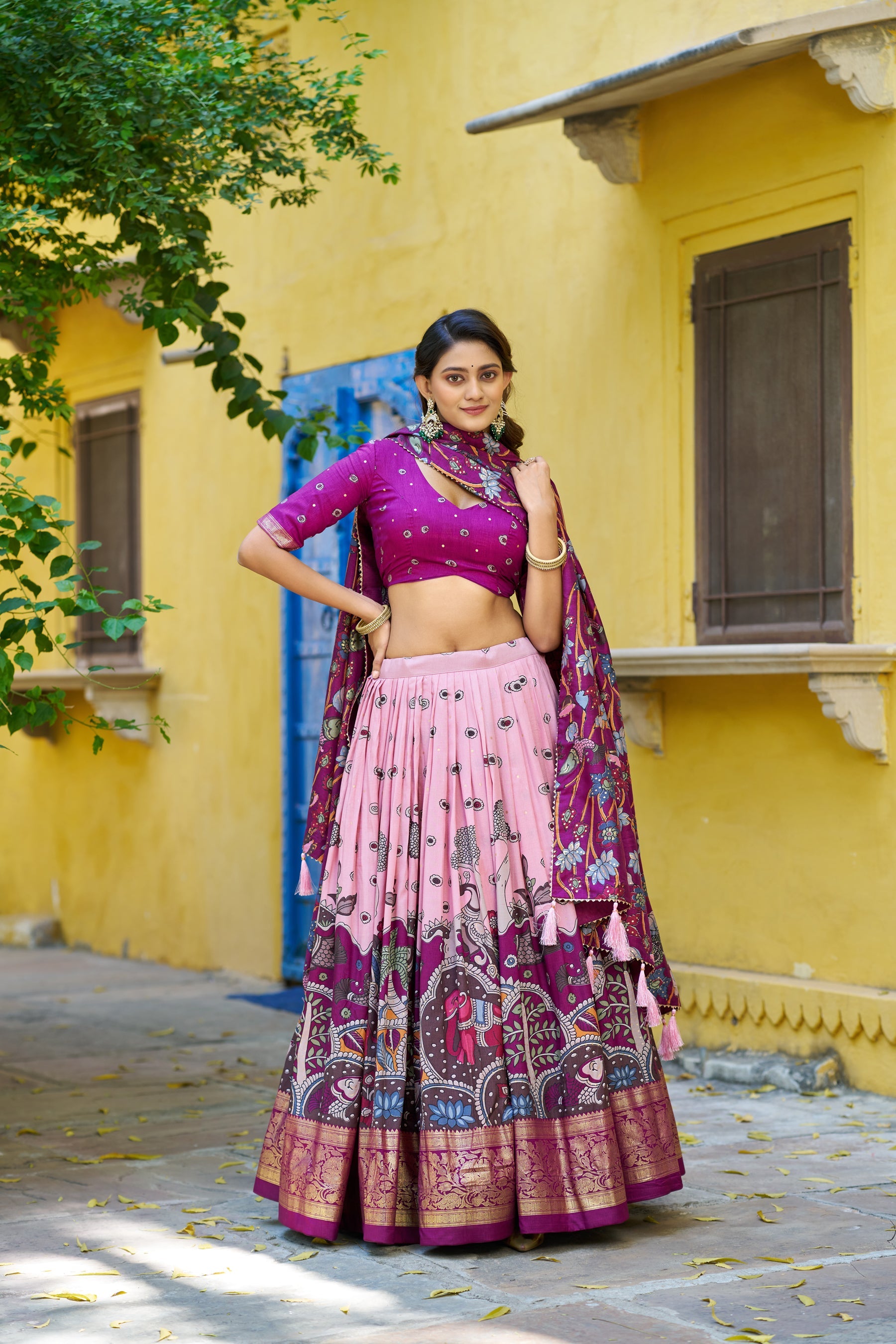 Multicolor Tussar Silk Kalamkari Lehenga Choli with Foil Border