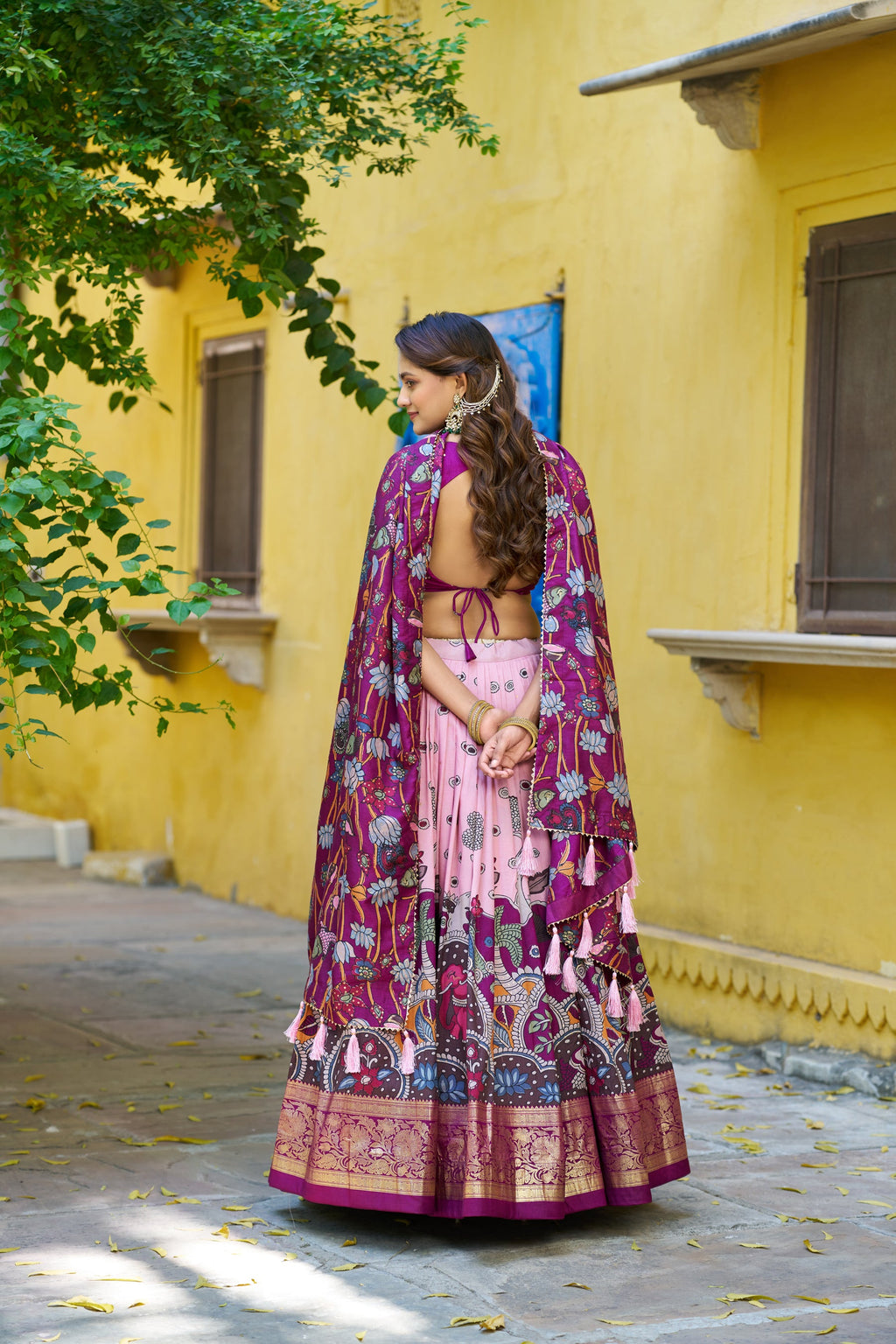 Multicolor Tussar Silk Kalamkari Lehenga Choli with Foil Border