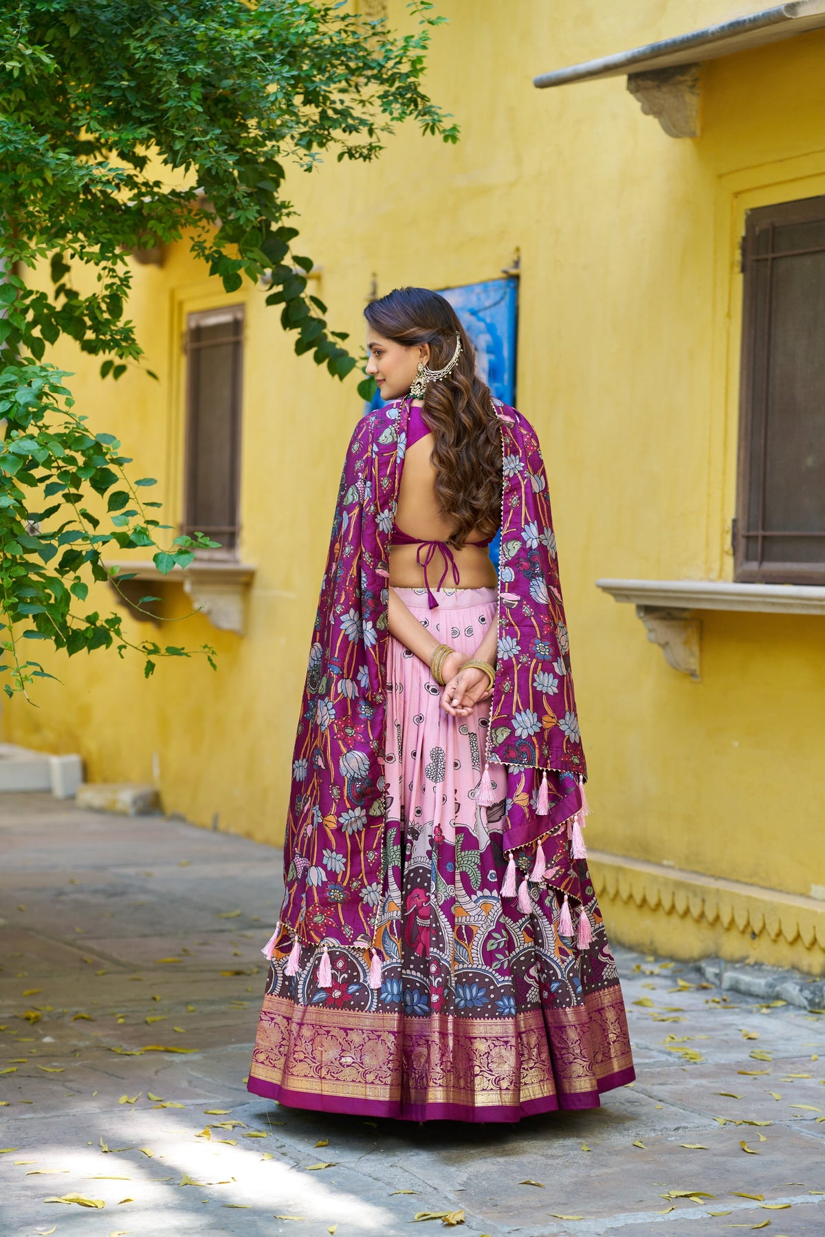 Multicolor Tussar Silk Kalamkari Lehenga Choli with Foil Border