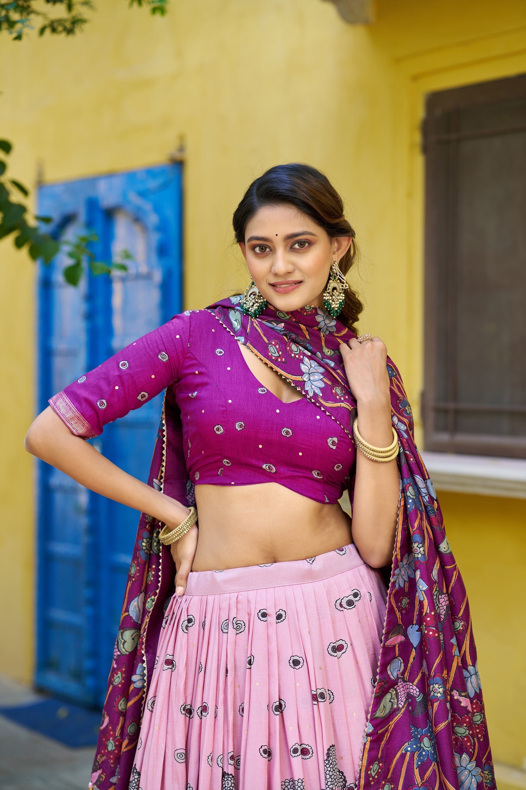 Multicolor Tussar Silk Kalamkari Lehenga Choli with Foil Border