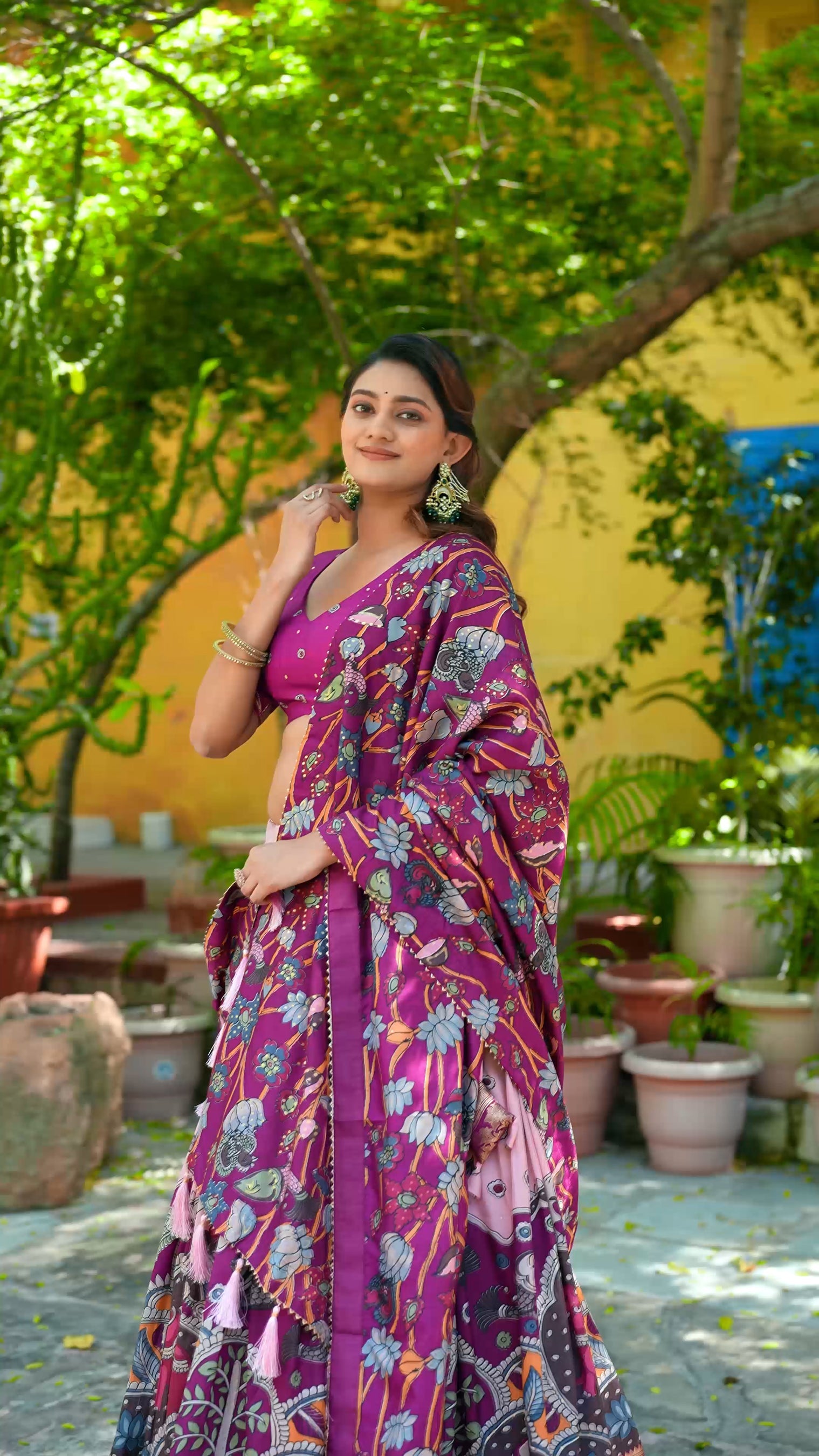 Multicolor Tussar Silk Kalamkari Lehenga Choli with Foil Border