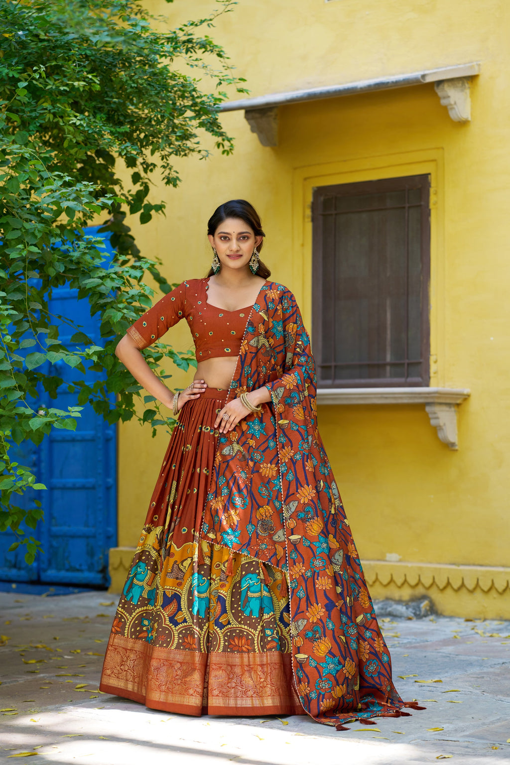 Multicolor Tussar Silk Kalamkari Lehenga Choli with Foil Border
