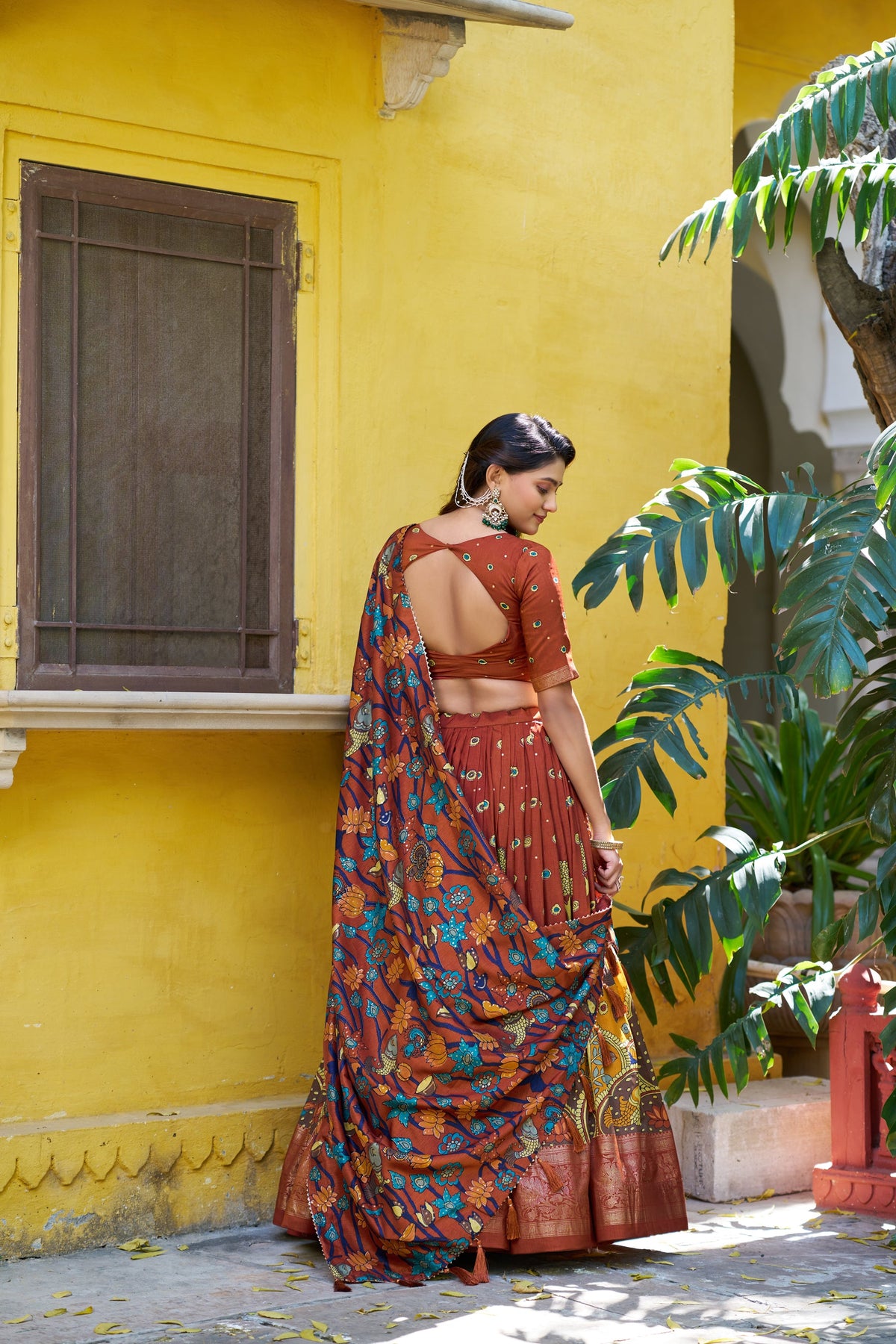 Multicolor Tussar Silk Kalamkari Lehenga Choli with Foil Border