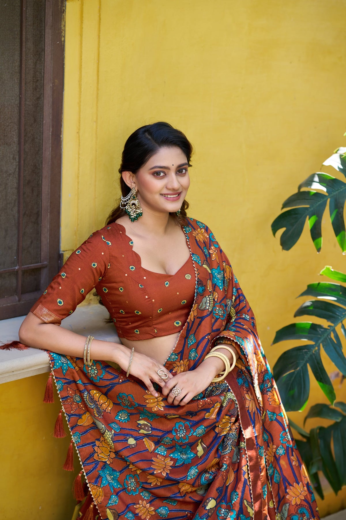 Multicolor Tussar Silk Kalamkari Lehenga Choli with Foil Border