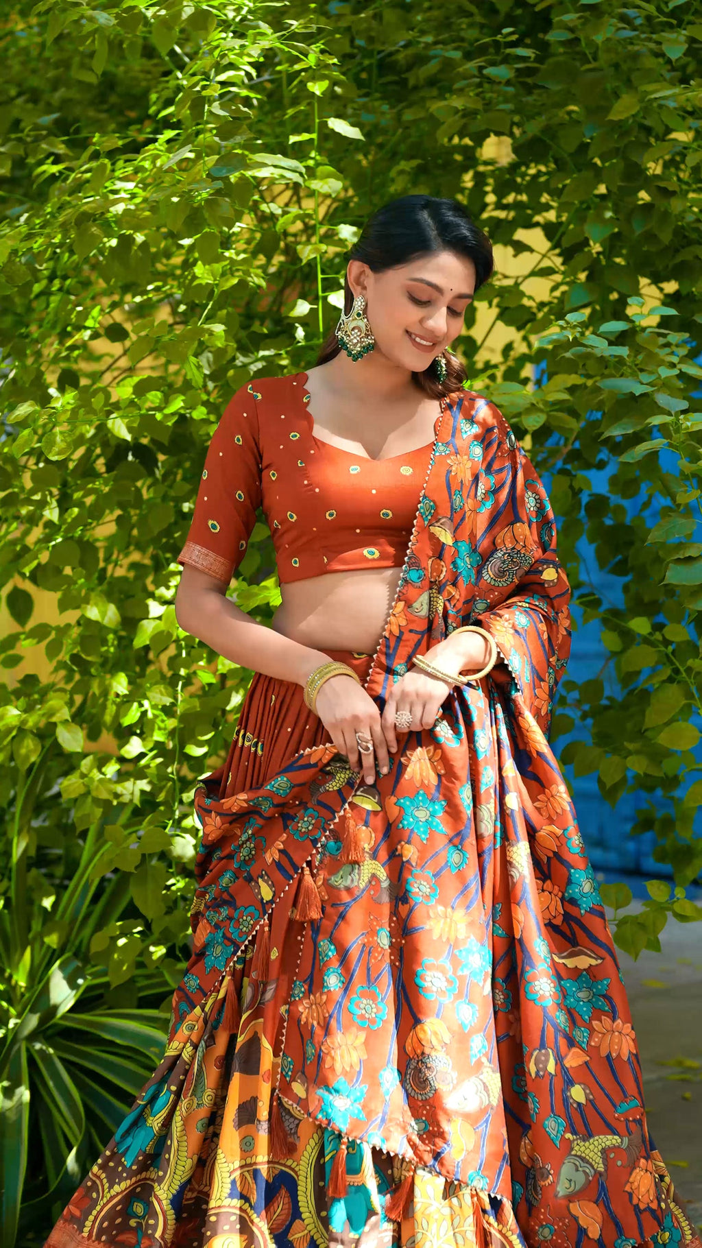 Multicolor Tussar Silk Kalamkari Lehenga Choli with Foil Border