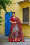 Multicolor Tussar Silk Kalamkari Print Lehenga Choli Set