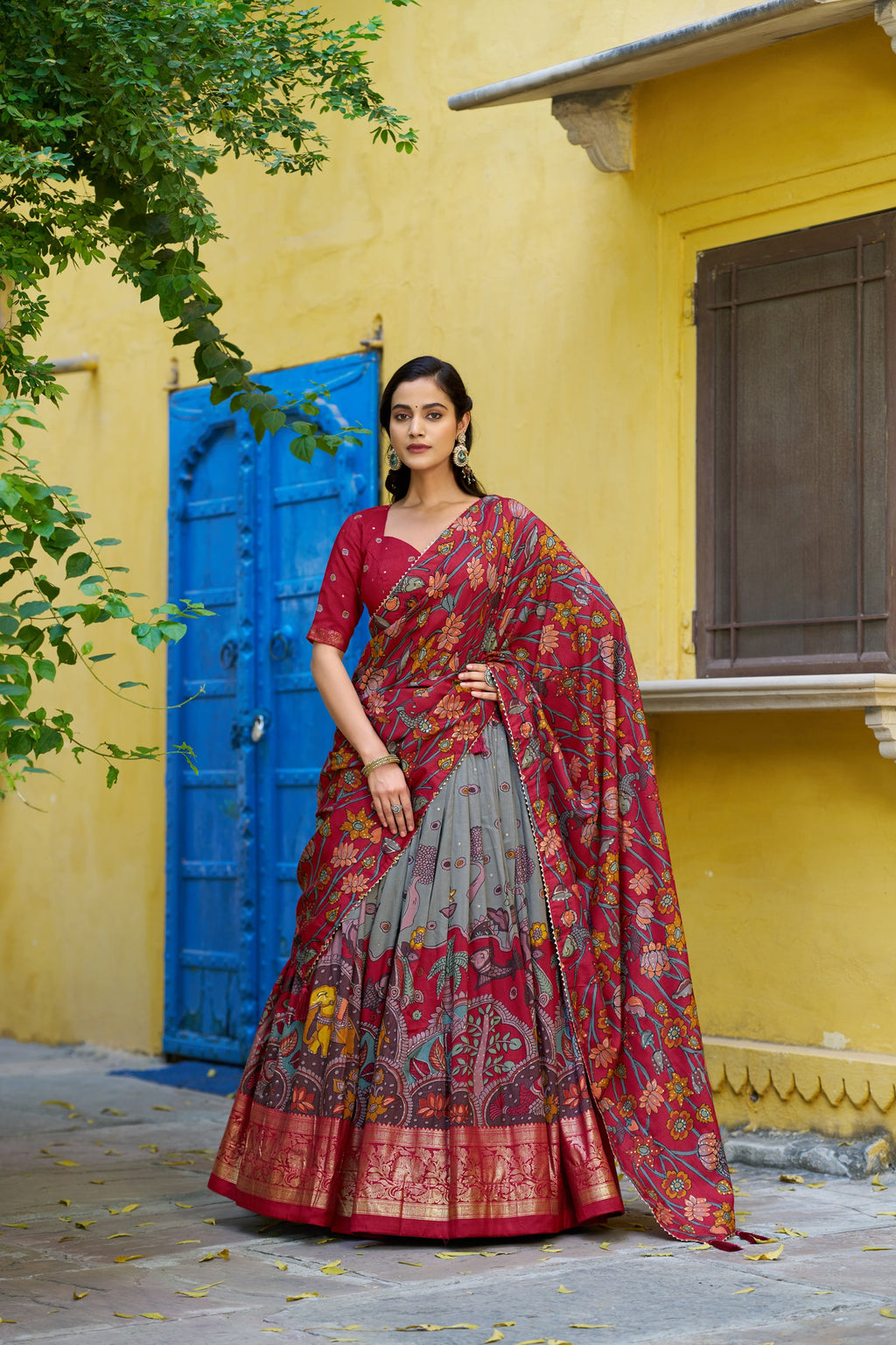Multicolor Tussar silk lehenga choli with Kalamkari print and gold foil border