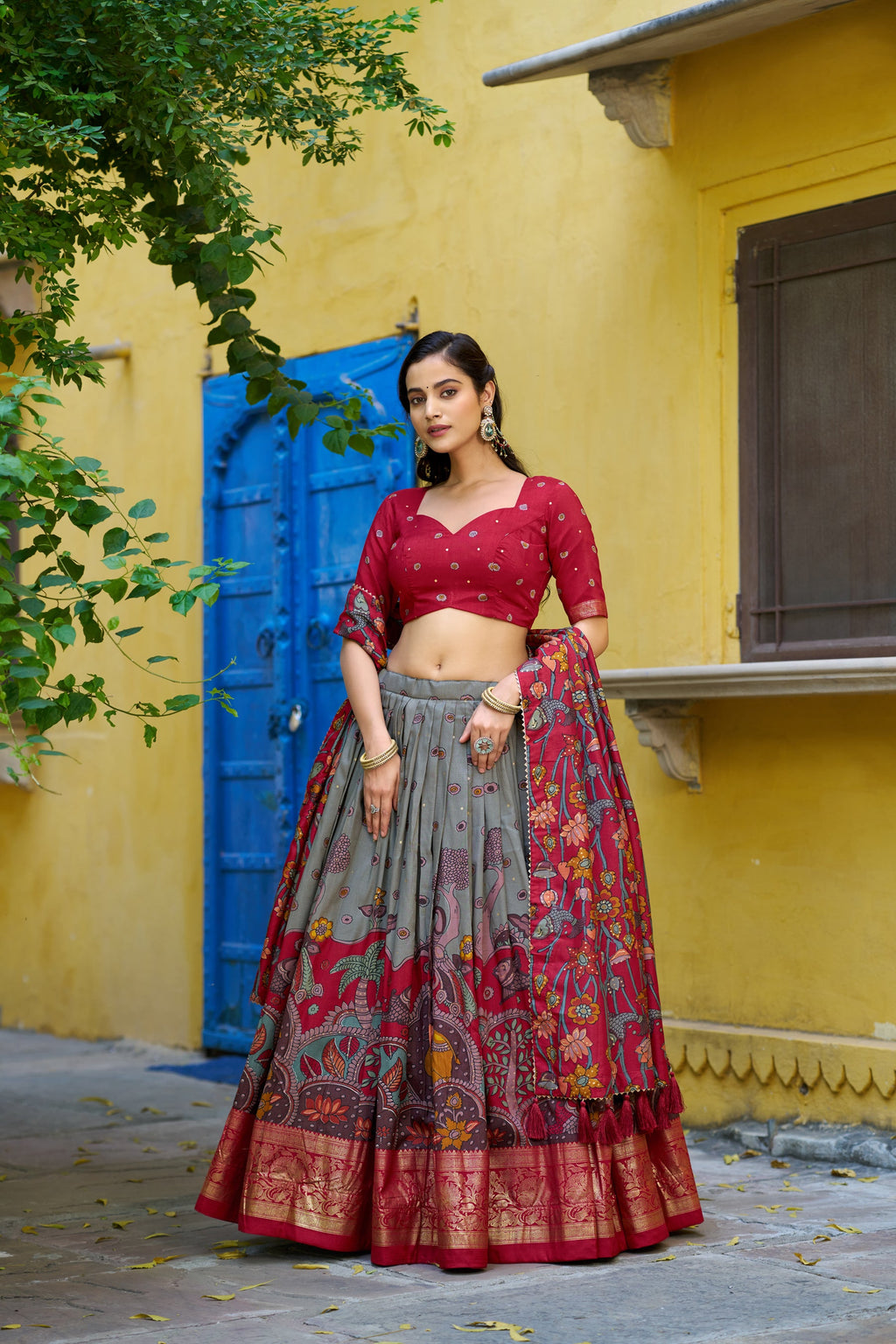 Multicolor Tussar Silk Kalamkari Print Lehenga Choli Set