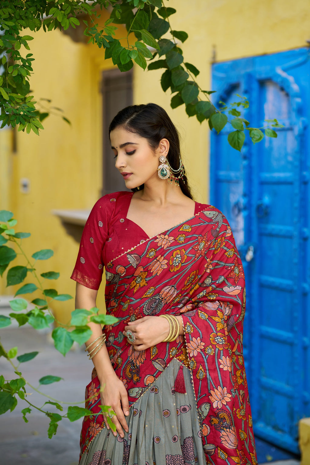 Multicolor Tussar Silk Kalamkari Print Lehenga Choli Set