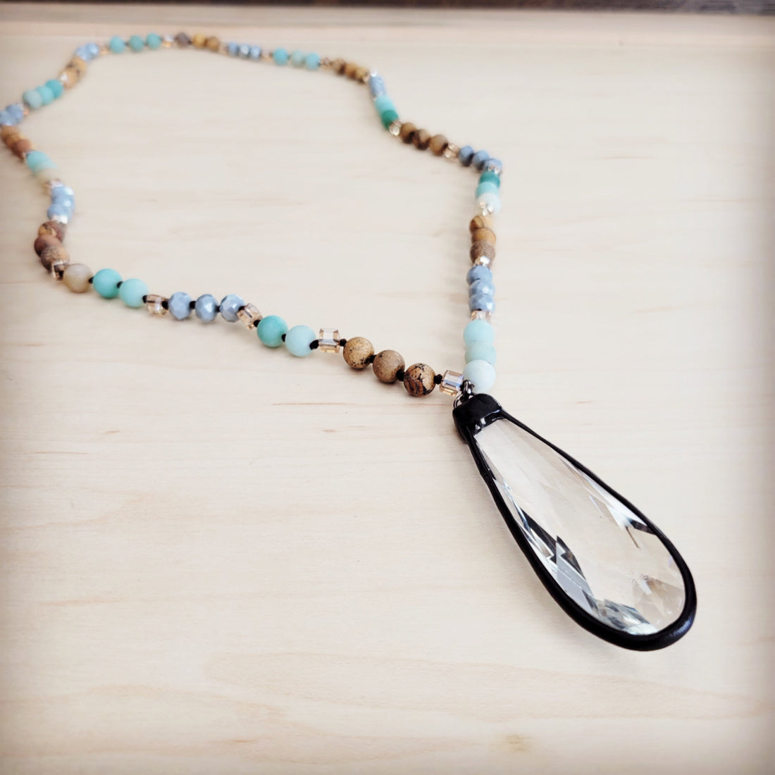 Picture Jasper and Amazonite Beaded Necklace with Crystal Pendant - Image 4