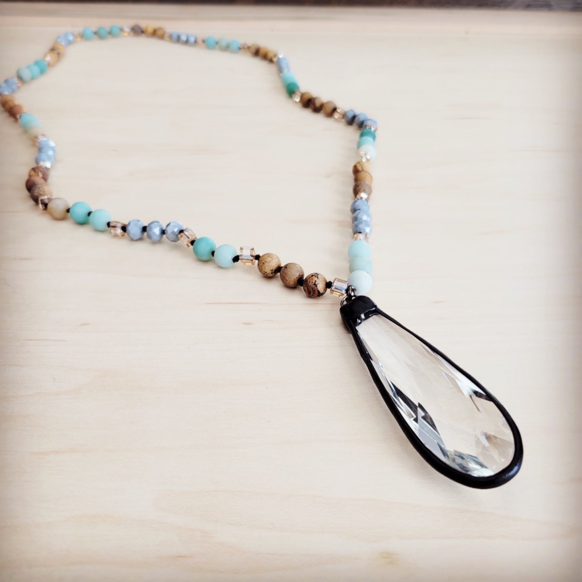 Picture Jasper and Amazonite Beaded Necklace with Crystal Pendant - Image 4