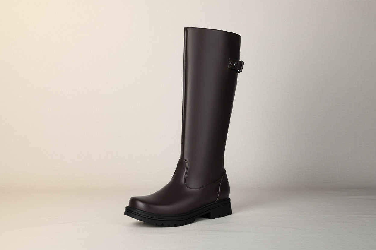 Women’s Retro British-Style Riding Boots – Leather Belt Buckle Knee Boots