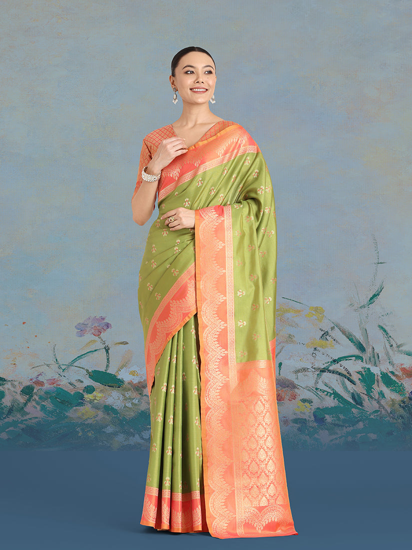 Olive Green Banarasi Tissue Silk Saree with detailed gold zari work