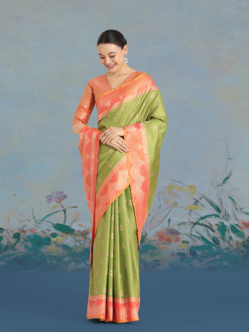 Olive Green Banarasi Tissue Silk Saree with Classic Zari Weaving
