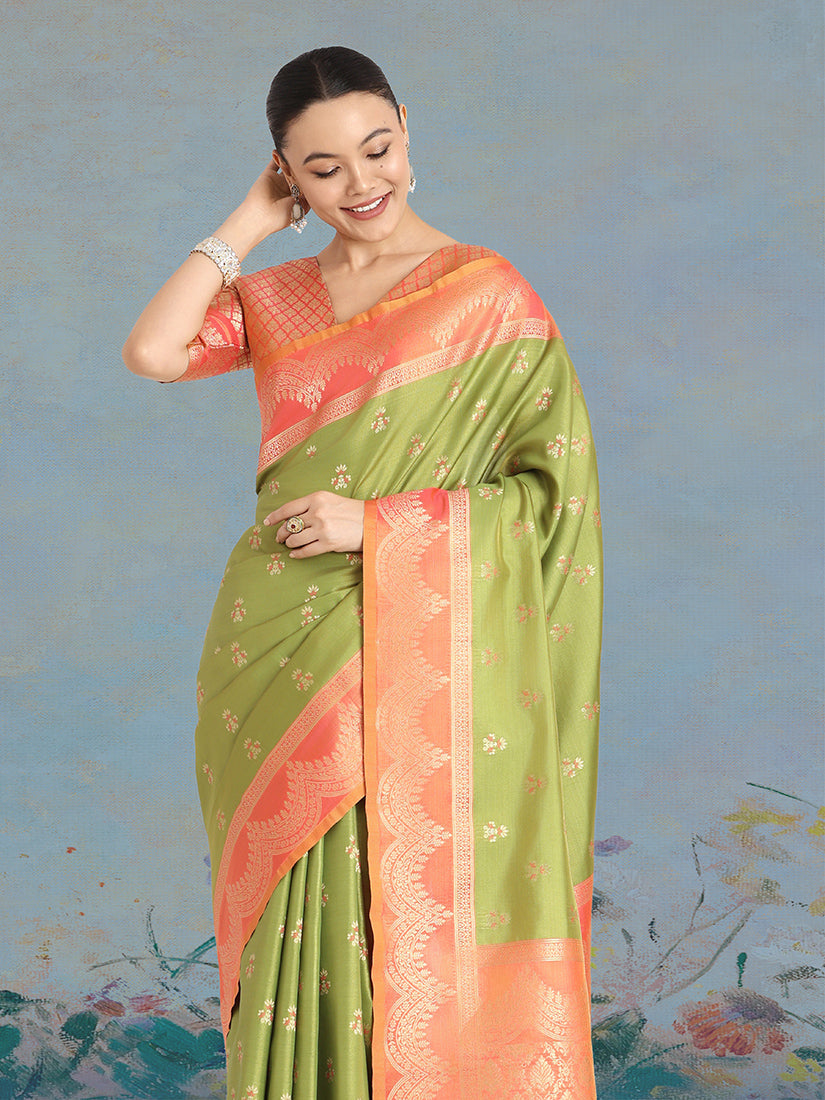 Olive Green Banarasi Tissue Silk Saree with Classic Zari Weaving