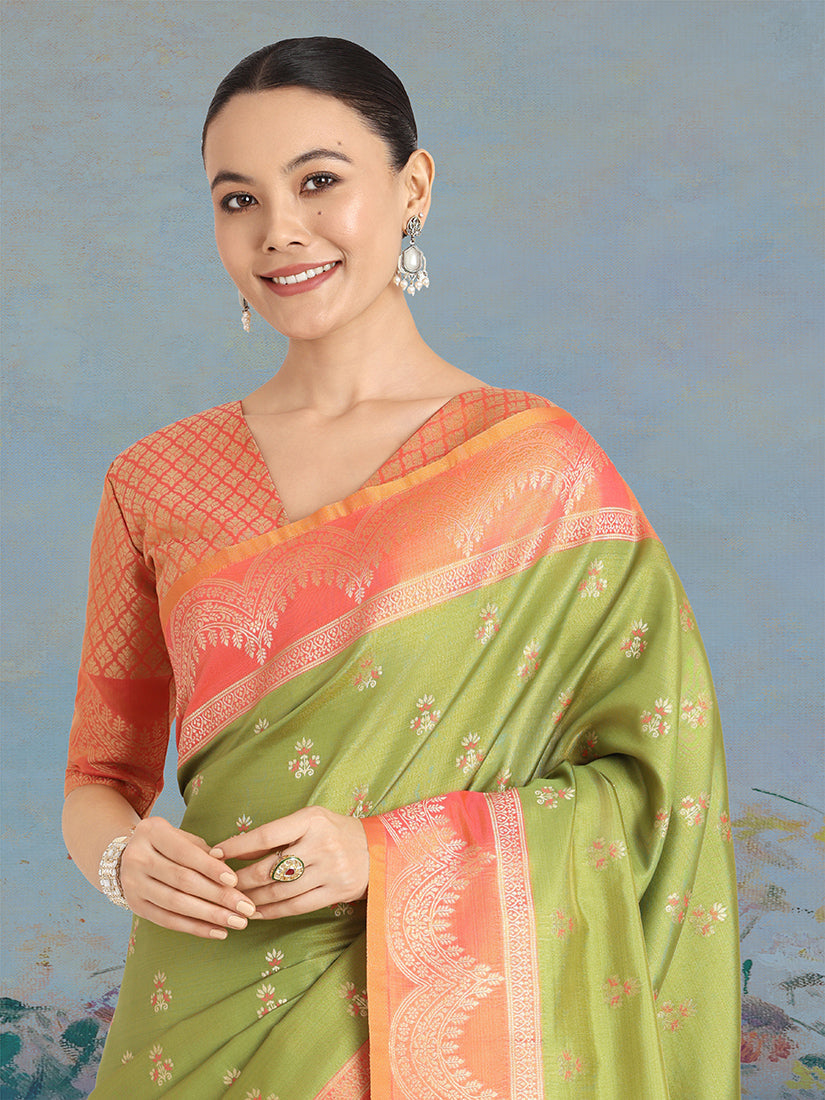 Olive Green Banarasi Tissue Silk Saree with Classic Zari Weaving