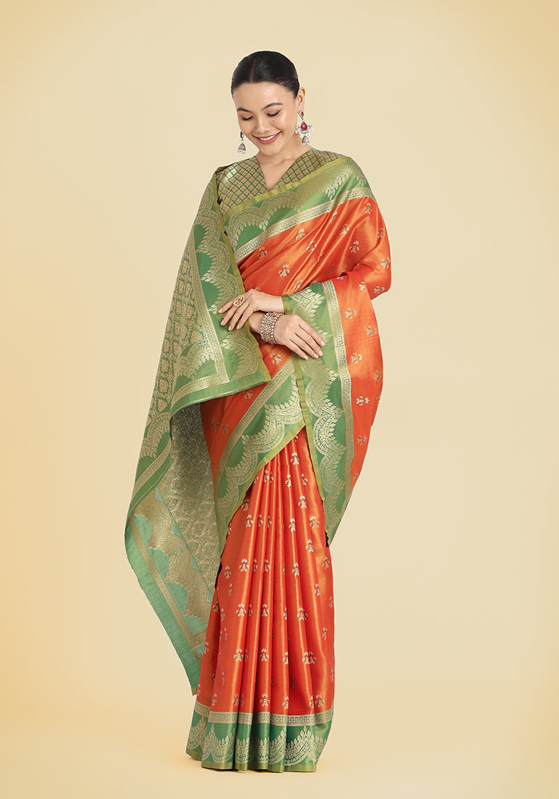 Orange Banarasi Tissue Silk Saree with Traditional Zari Weaving