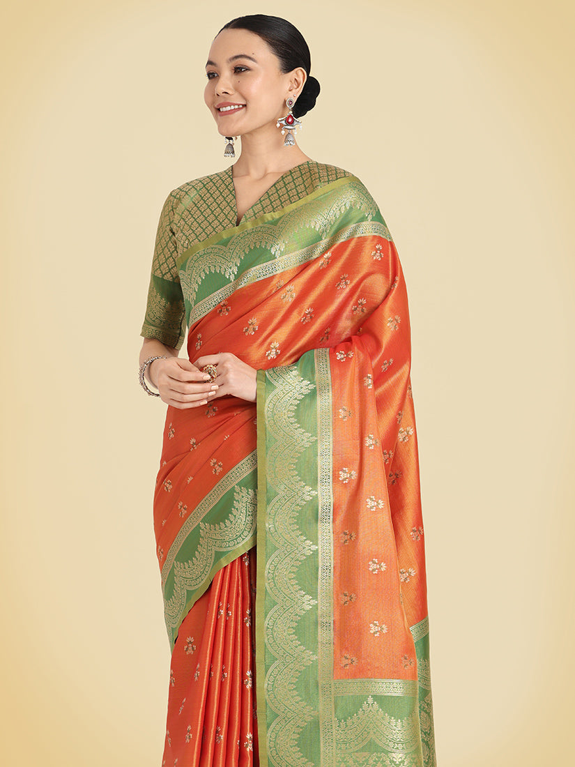 Orange Banarasi Tissue Silk Saree with Traditional Zari Weaving