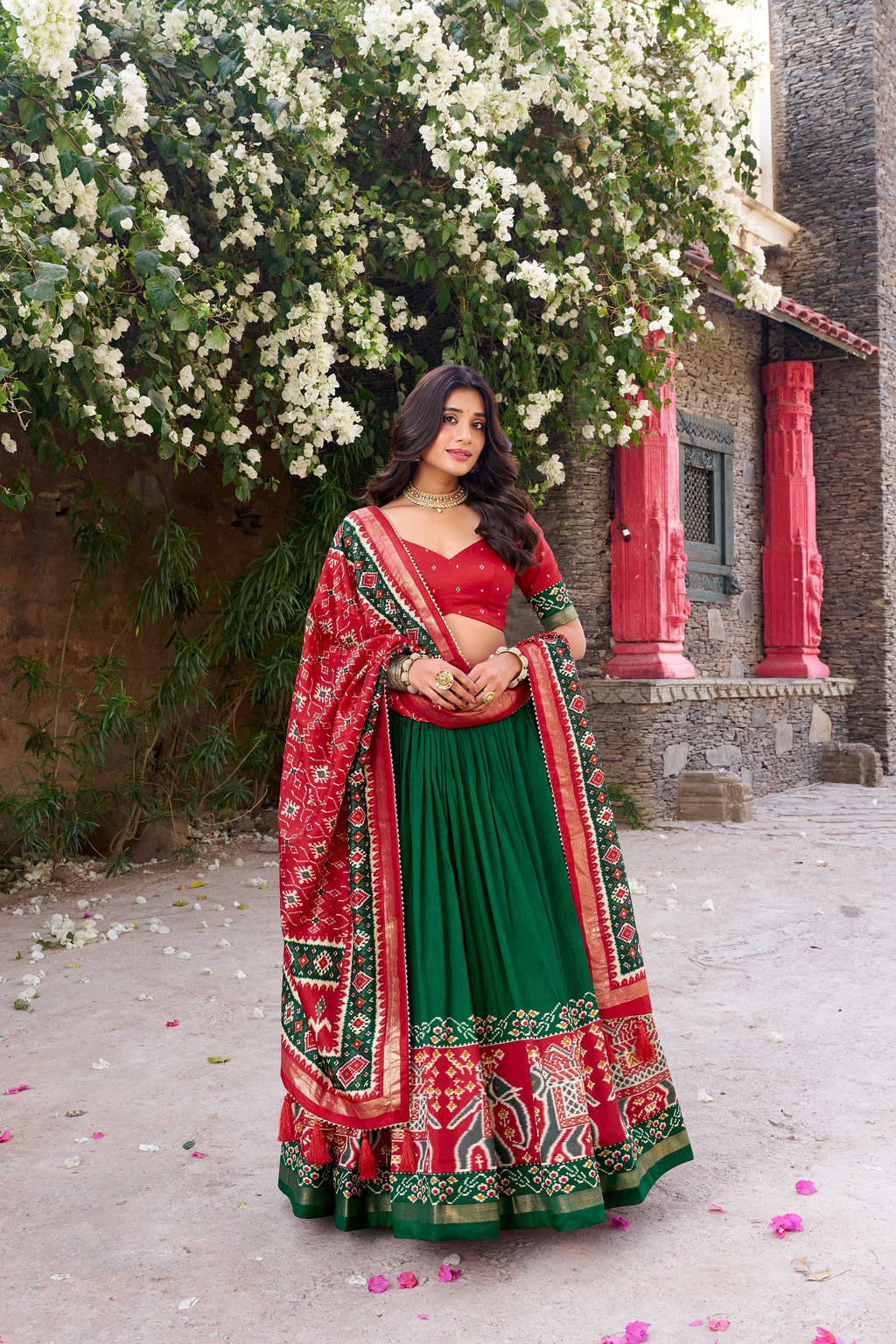 Green Tussar Silk Patola Printed Lehenga Choli with Foil Work