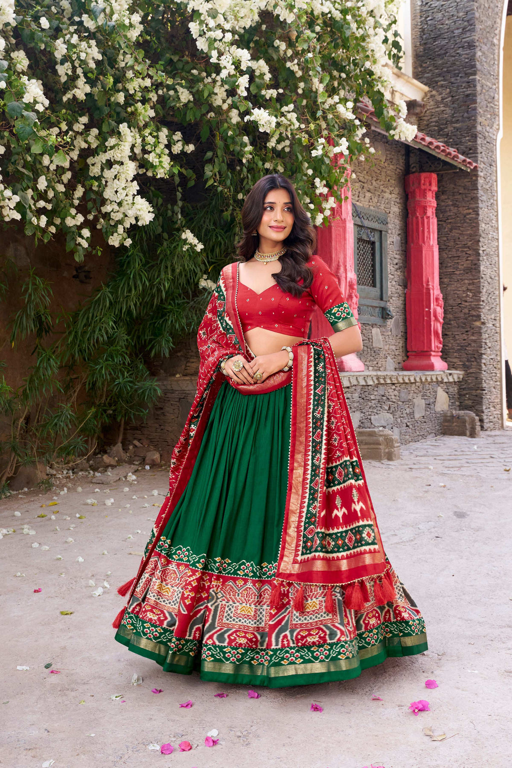 Green Tussar Silk Patola Printed Lehenga Choli with Foil Work