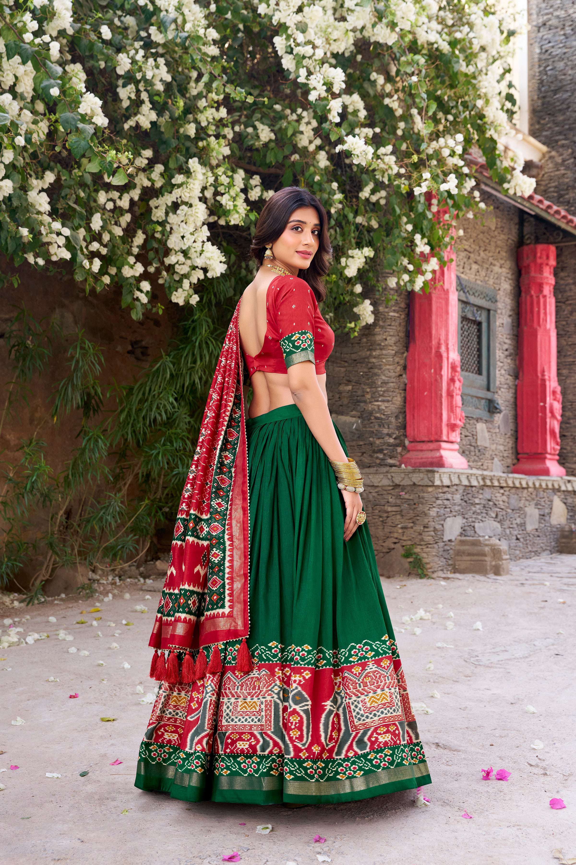 Green Tussar Silk Patola Printed Lehenga Choli with Foil Work