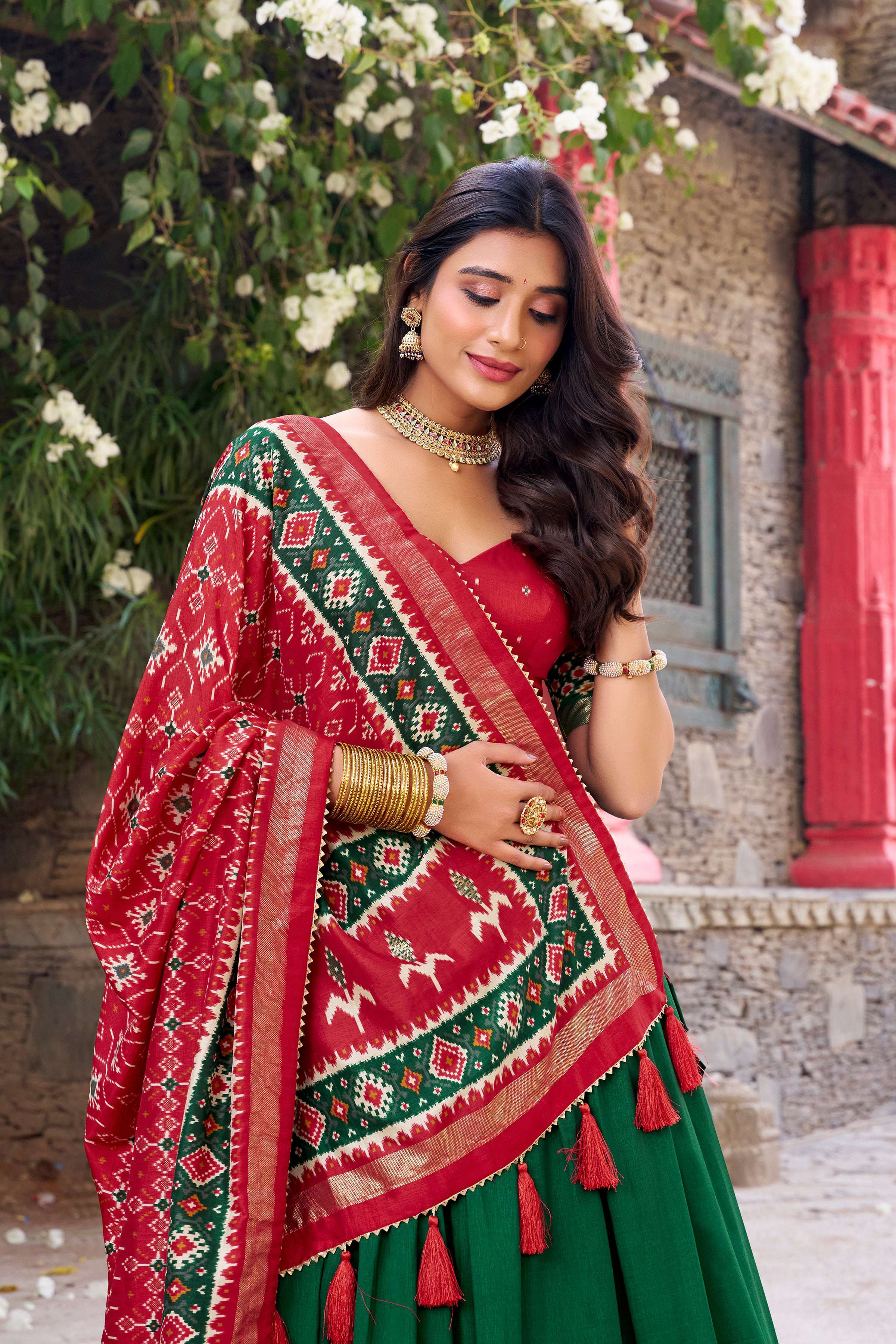 Green Tussar Silk Patola Printed Lehenga Choli with Foil Work