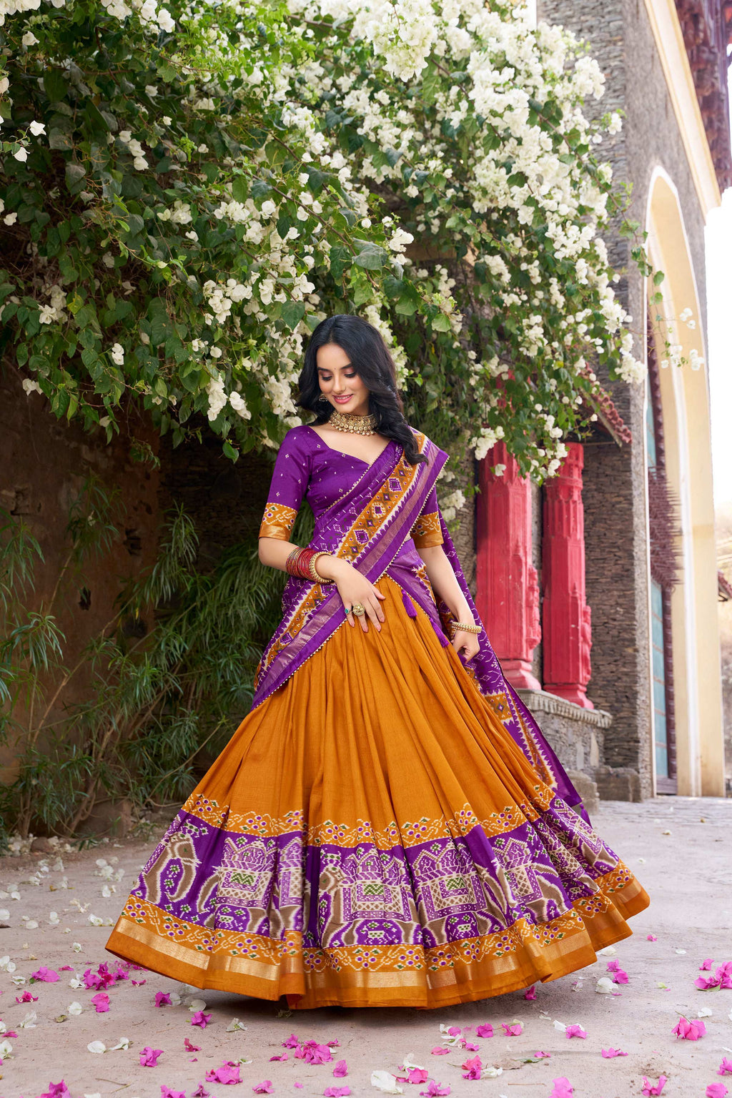 Lorenvalley Fashion Mustard Tussar Silk Patola Printed With Foil Work Lehenga Choli with Dupatta