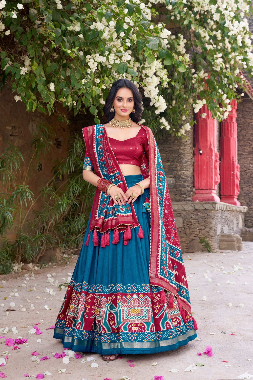 Teal Tussar Silk Patola Printed Lehenga Choli with Dupatta