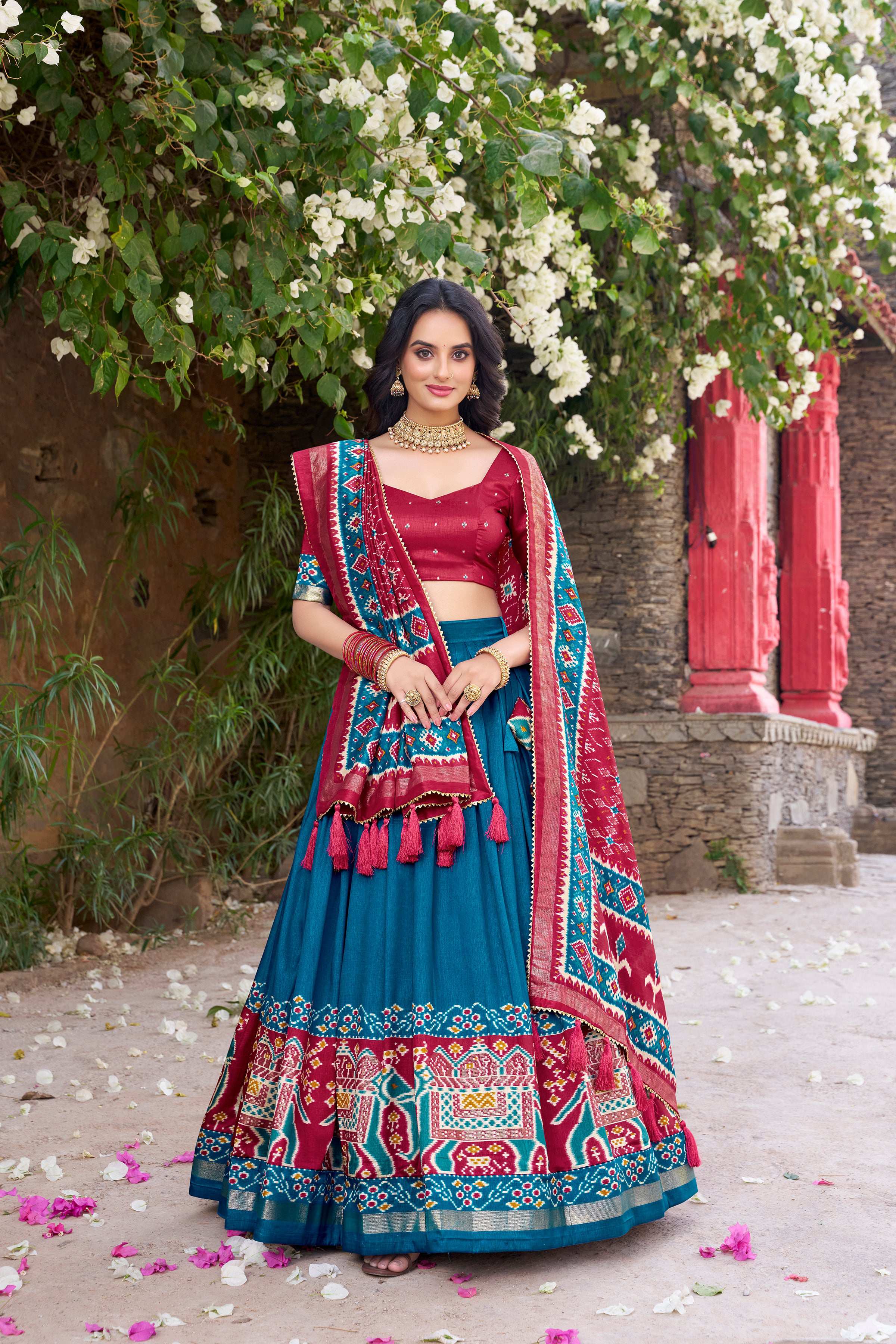 Teal Tussar Silk Patola Printed Lehenga Choli with Dupatta