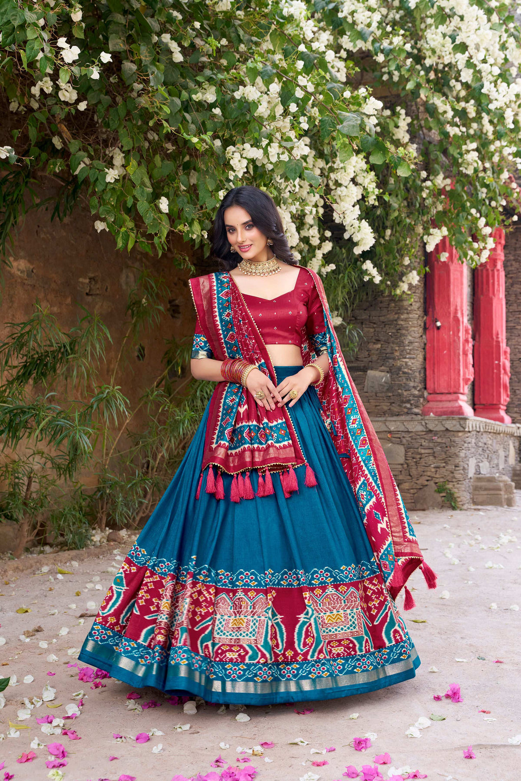 Teal Tussar Silk Patola Printed Lehenga Choli with Dupatta
