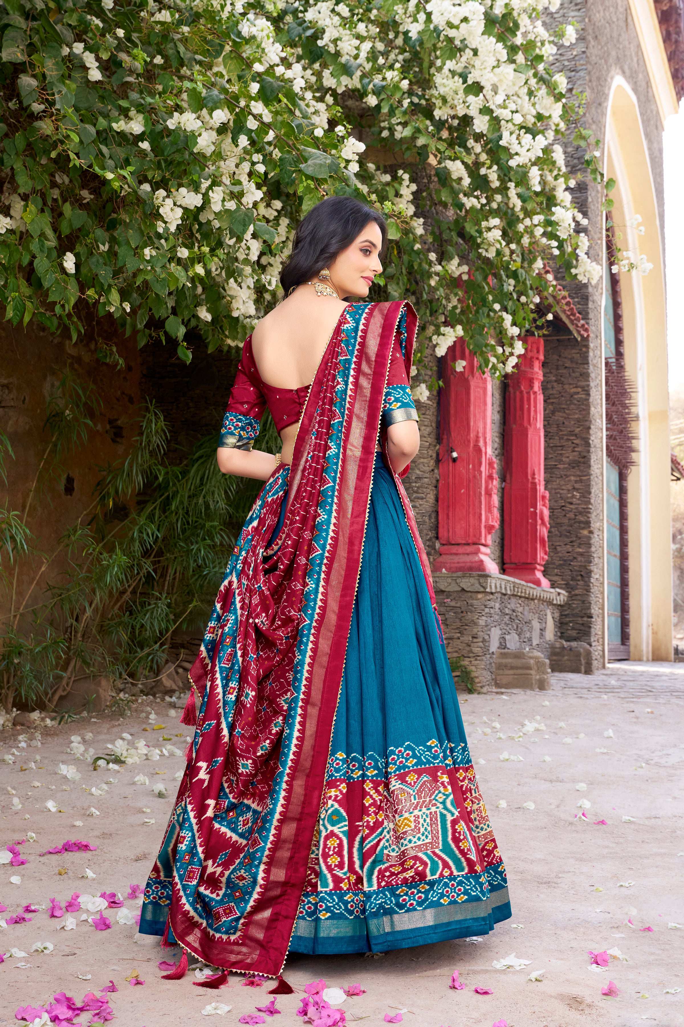 Teal Tussar Silk Patola Printed Lehenga Choli with Dupatta