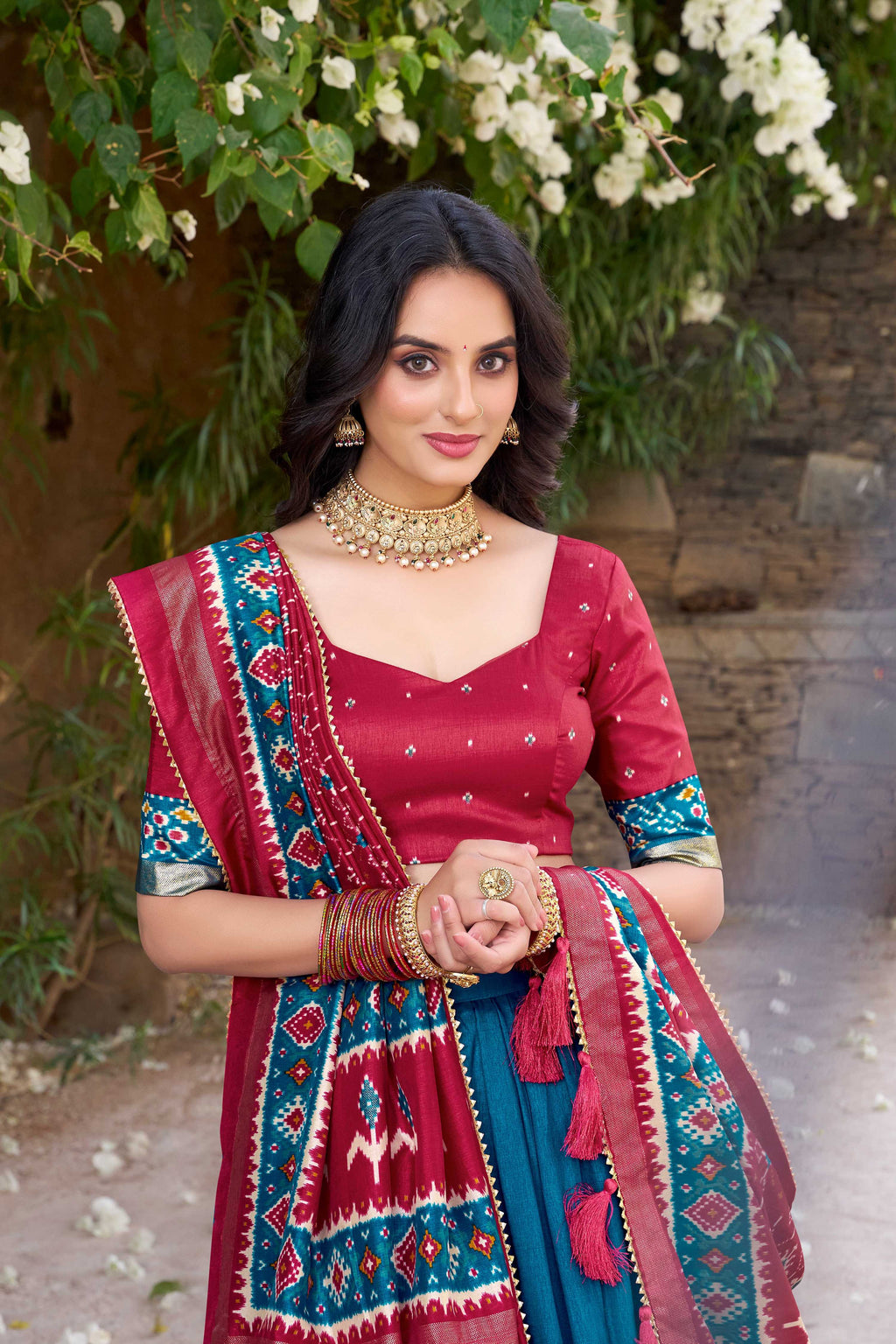 Teal Tussar Silk Patola Printed Lehenga Choli with Dupatta