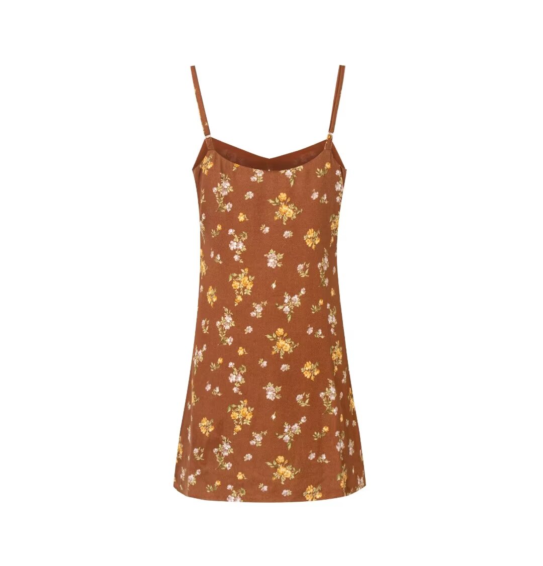 Early Spring French Vacation V Neck Strap Dress Brown Bottom Printed Cool Dress