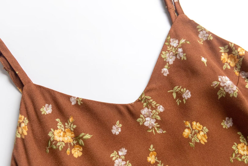 Early Spring French Vacation V Neck Strap Dress Brown Bottom Printed Cool Dress