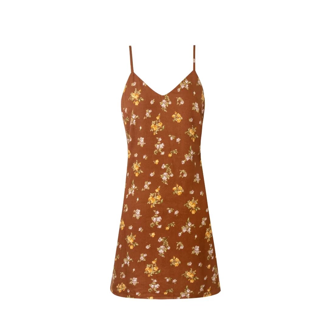 Early Spring French Vacation V Neck Strap Dress Brown Bottom Printed Cool Dress