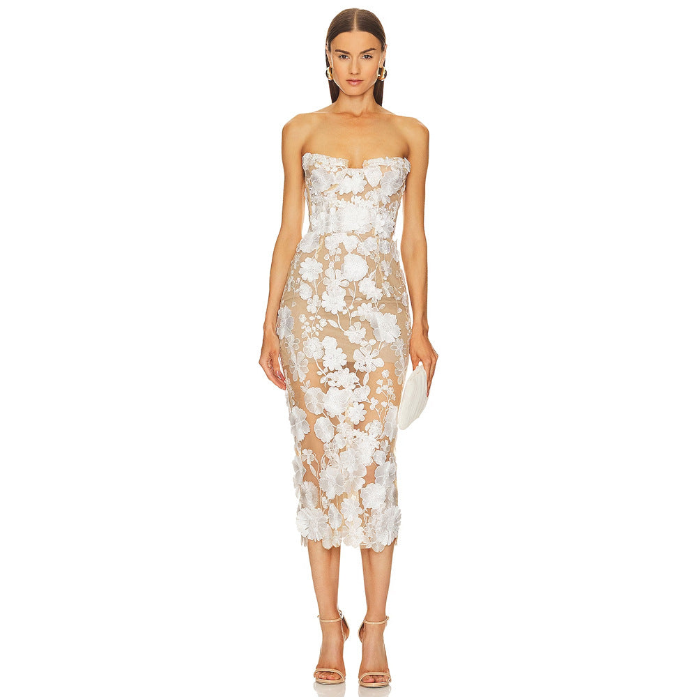 Spring Summer Tube Top Mesh Floral Mid Length Annual Meeting Party Catwalk Dress Holiday Photo Dress