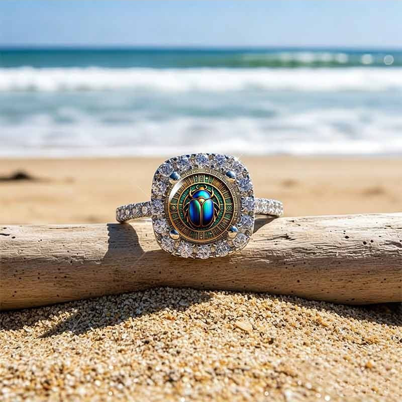 Vintage Ancient Egyptian Scarab Beetle Ring - Mystical Halo Inlaid Crystal Unisex Statement Jewelry