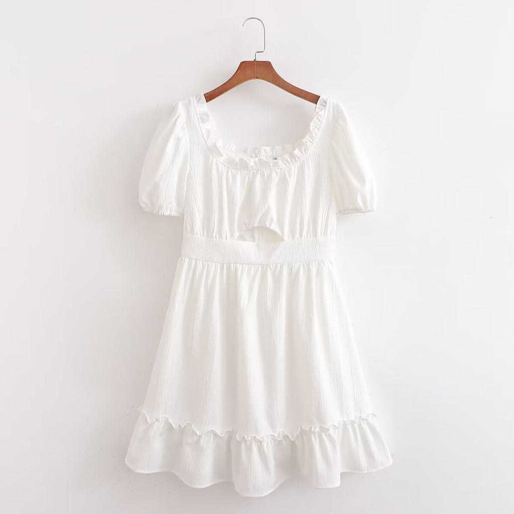 Spring Women Clothing Stylish Graceful Simple Solid Color Texture Ruffled Dress