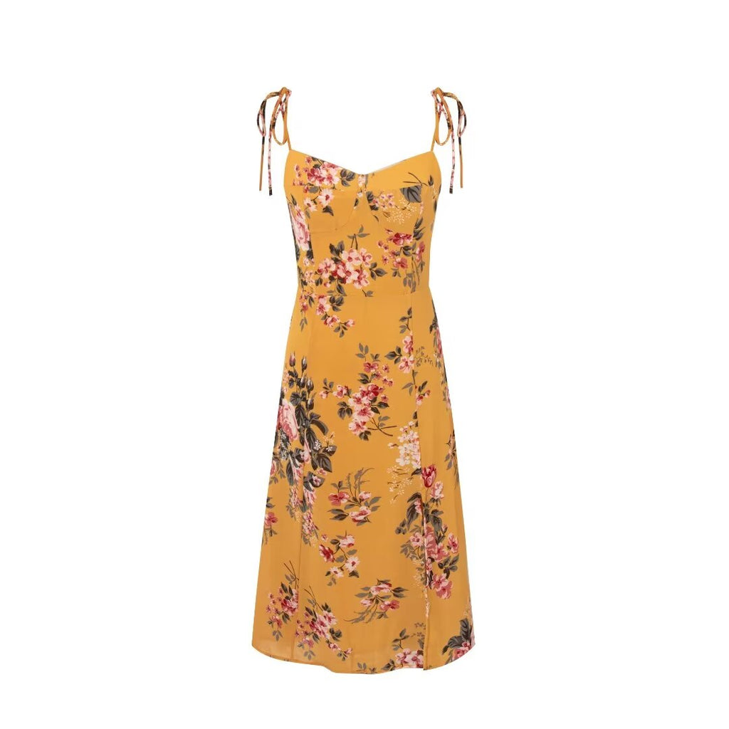 Women Clothing Retro Yellow Background with Printing Bottom Slit Strap Dress