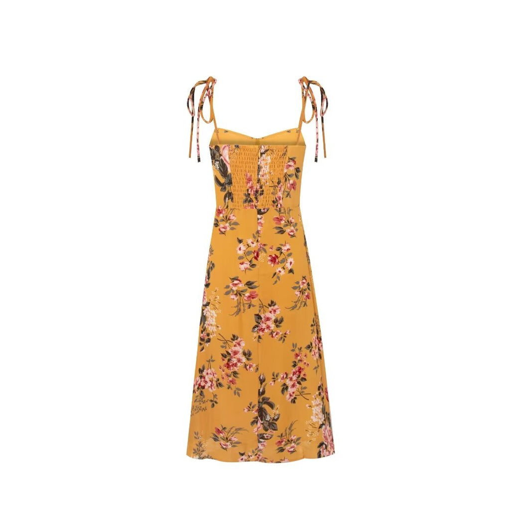 Women Clothing Retro Yellow Background with Printing Bottom Slit Strap Dress