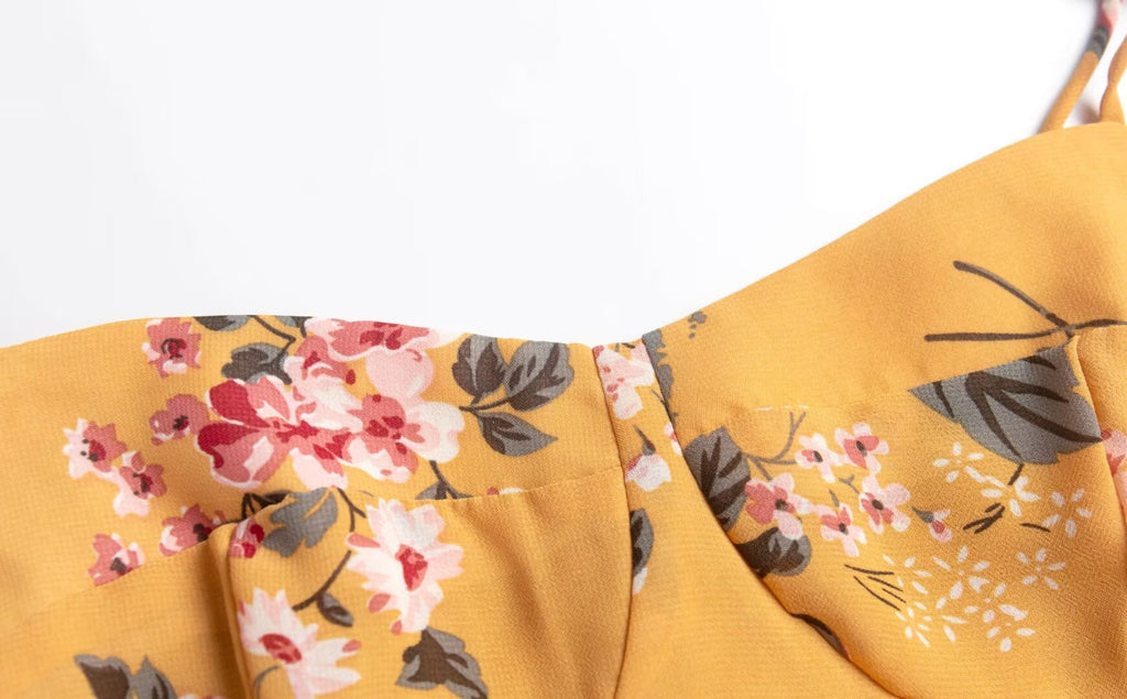 Women Clothing Retro Yellow Background with Printing Bottom Slit Strap Dress