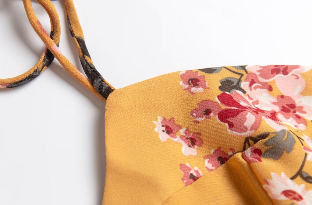 Women Clothing Retro Yellow Background with Printing Bottom Slit Strap Dress