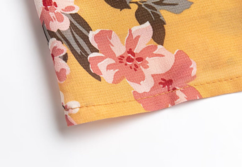Women Clothing Retro Yellow Background with Printing Bottom Slit Strap Dress