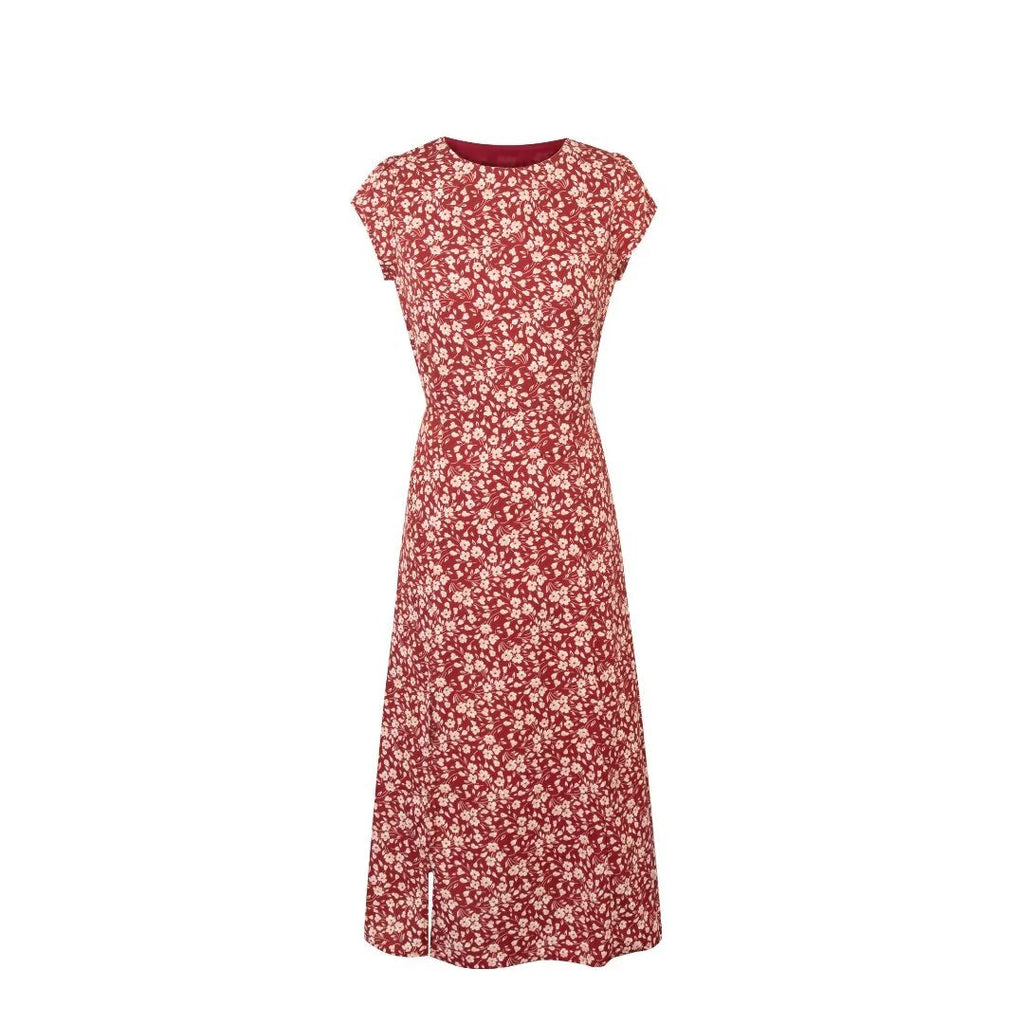 French Holiday Red Bottom Floral Round Neck Tight Waist Split Dress Summer Sexy Backless Midi Dress