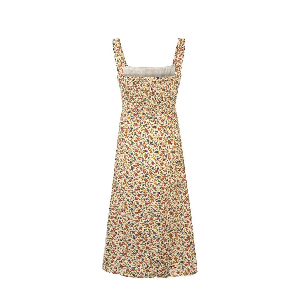 Spring Pastoral Floral Pattern Over Beige Background Square Collar Casual Camisole Dress