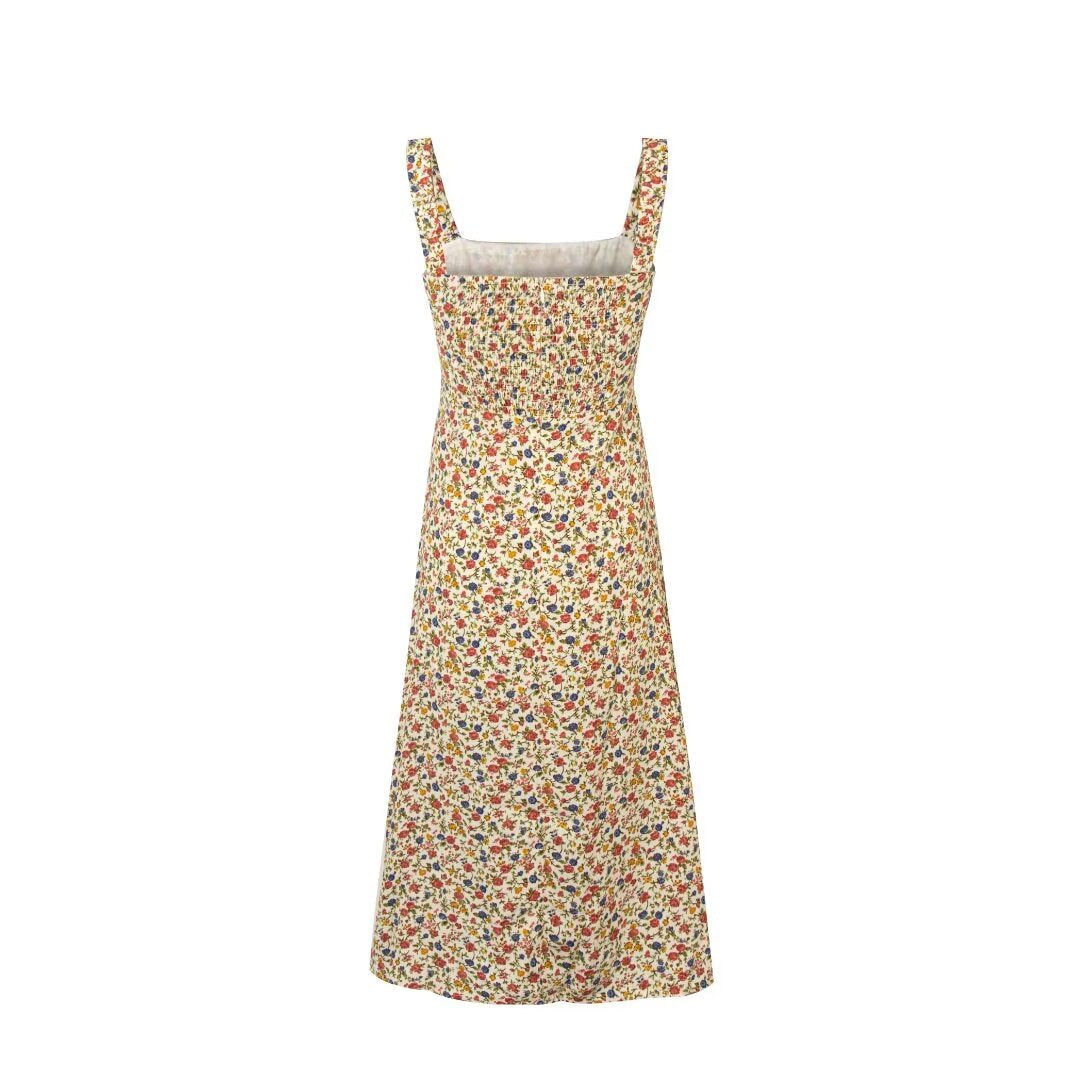 Spring Pastoral Floral Pattern Over Beige Background Square Collar Casual Camisole Dress